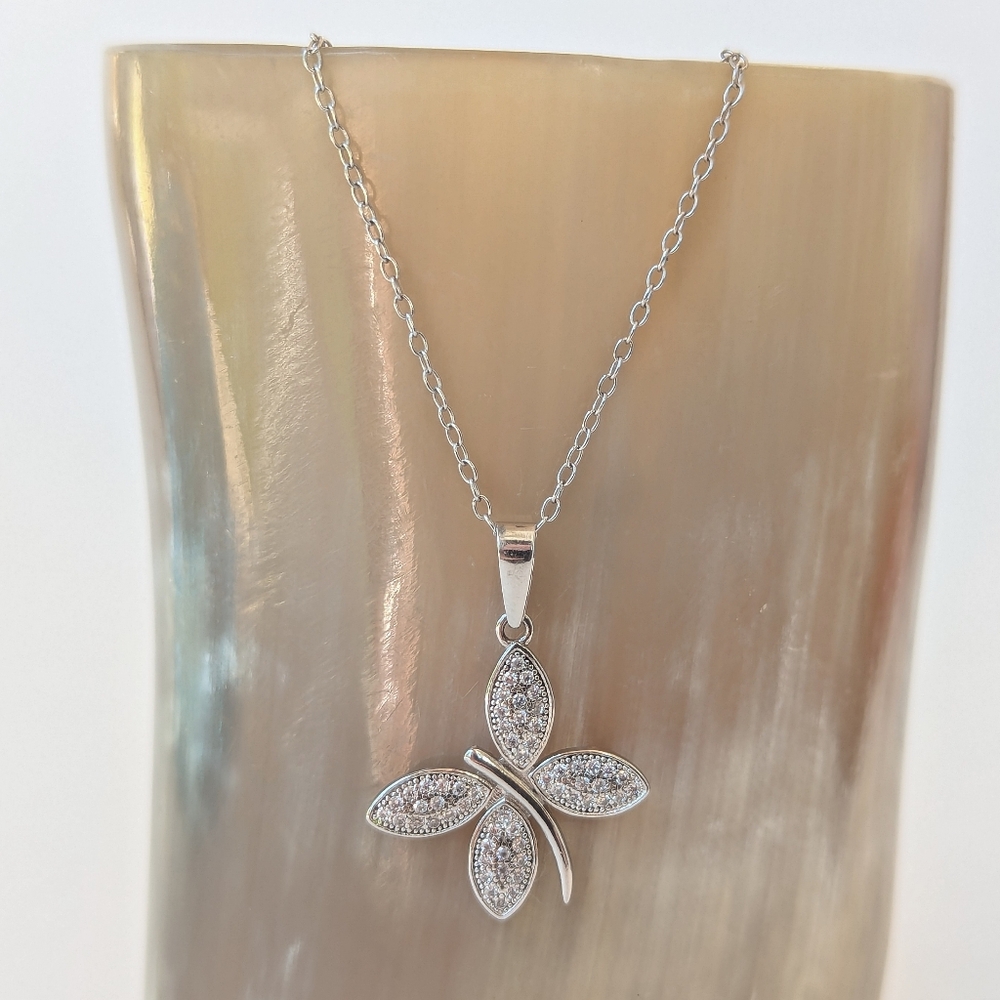 Small Sterling Silver Butterfly Pendant Necklace Crystal Accents 17" Chain EJI